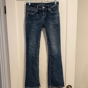 Grace in LA Girl’s Dark Blue Low Rise Flare Jeans Embroidered Western Wear Sz 16